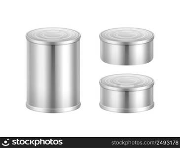 Vector set of big and small steel tin cans isolated on white background. Vector set of canned goods