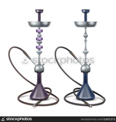 Vector set of big blue, violet nargiles for tobacco smoking made of metal with long hookah hoses isolated on white background. Set of hookahs