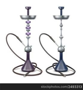 Vector set of big blue, violet nargiles for tobacco smoking made of metal with long hookah hoses isolated on white background. Set of hookahs