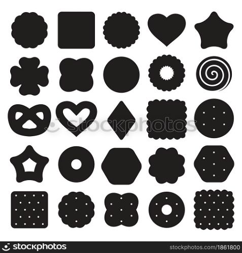 vector set of black and white biscuit cookies and cracker chips. cookie icons of different shapes isolated on white background.