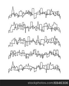 vector set of black and white city or town skyline graphic. thin line contours of buildings. urban outline backgrounds