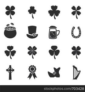 vector set of black and white flat irish St. Patrick's Day icons such as clover shamrocks, celtic cross, lucky horseshoe, golden pot full of coins, bow, mug of beer, harp and Patrick's hat and shoe