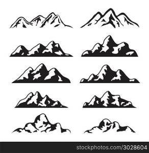 vector set of black and white mountain silhouette. vector set of black and white mountain silhouette icons. logo collection of rocky snow mountains