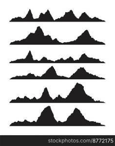 vector set of black and white mountain silhouette icons. logo collection of rocky snow mountains