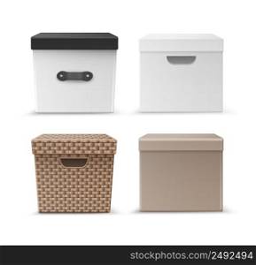 Vector set of black, beige carton, wicker clothes storage boxes with handles front view isolated on white background. Set of storage boxes