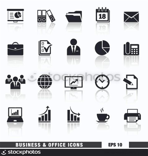 Vector set of black business and office web icon and design elements for web pages, marketing and business services and institution. EPS 10 illustration on white background with reflection effect.
