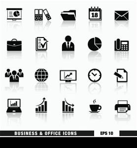 Vector set of black business and office web icon and design elements for web pages, marketing and business services and institution. EPS 10 illustration on white background with reflection effect.