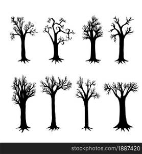 Vector set of black silhouettes of trees full length without leaves with roots. Hand drawn and traced vector collection