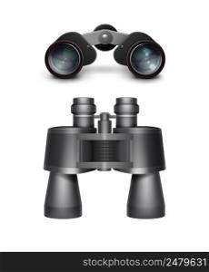 Vector set of black travel binoculars top side view isolated on white background. Black travel binoculars