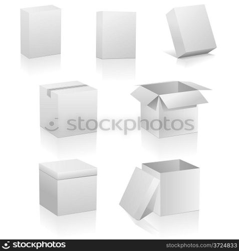 Vector set of blank boxes isolated on white background. Three kinds of boxes is represented: software box, traditional packing box and retail or present box.