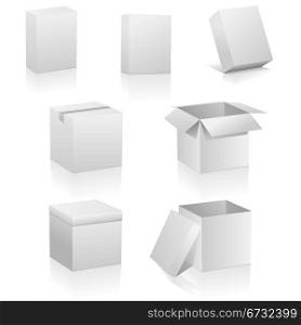 Vector set of blank boxes isolated on white background. Three kinds of boxes is represented: software box, traditional packing box and retail or present box.