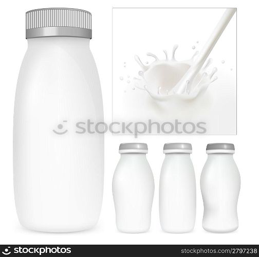 Vector set of blank milk and yoghurt packs. Milky splash