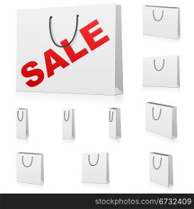 Vector set of blank paper shopping bags isolated on white background. Three kinds of bags are represented: standard bag, wide bag and bottle bag.