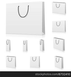 Vector set of blank paper shopping bags isolated on white background. Three kinds of bags are represented: standard bag, wide bag and bottle bag.