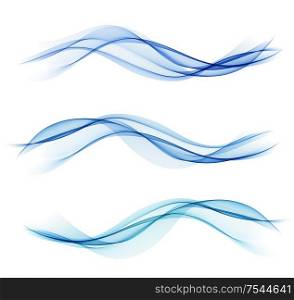 Vector Set of blue abstract wave design element. Abstract background, color flow waved lines for brochure, website, flyer design. Transparent smooth wave. Set of blue abstract wave design element