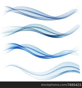 Vector Set of blue abstract wave design element. Transparent smoke wave. Set of blue abstract wave design element