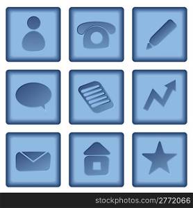 Vector set of blue buttons with business icons isolated on white background.