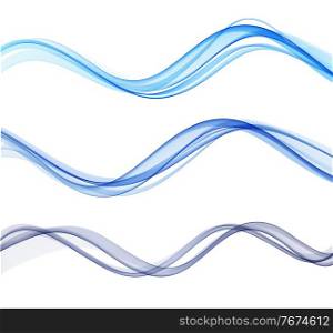 Vector set of blue color abstract wave design element. Abstract background, blue color flow waved lines for brochure, website, flyer design. Transparent smooth wave.. Vector blue color abstract wave design element