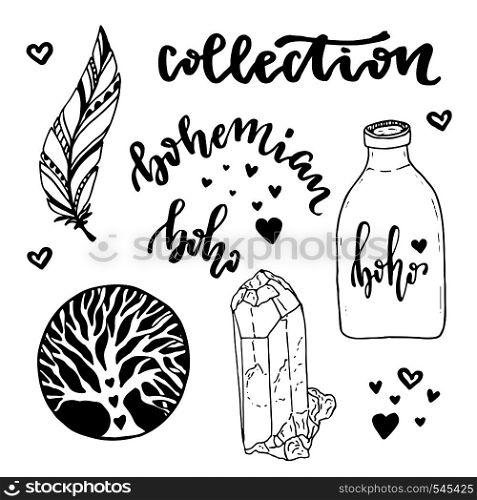 Vector set of Boho Style elements. Vector illustration with hand drawn hippie collection. Coloring book page. Vector set of Boho Style elements. Vector illustration with hand drawn hippie collection. Coloring book page.