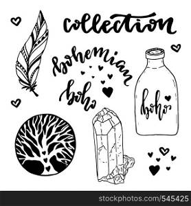Vector set of Boho Style elements. Vector illustration with hand drawn hippie collection. Coloring book page. Vector set of Boho Style elements. Vector illustration with hand drawn hippie collection. Coloring book page.