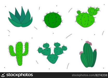 Vector set of bright cacti, aloe and leaves. Collection of exotic plants. Decorative natural elements are isolated on white. Cactus with flowers.	