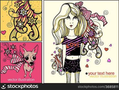 vector set of bright hand drawn cards with a young girl, little dog and abstract elements