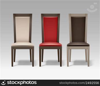 Vector set of brown wooden room chairs with soft beige, red upholstery isolated on background. Set of room chairs