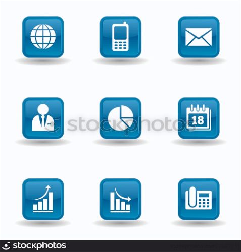 Vector set of business web icon and design elements on blue glossy badges for business and corporate related website. EPS 10 illustration on white background.