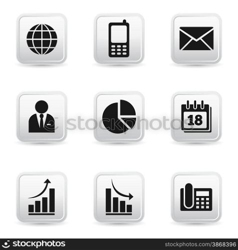 Vector set of business web icon and design elements on white glossy badges for business and corporate related website. EPS 10 illustration on white background.