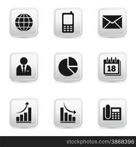Vector set of business web icon and design elements on white glossy badges for business and corporate related website. EPS 10 illustration on white background.