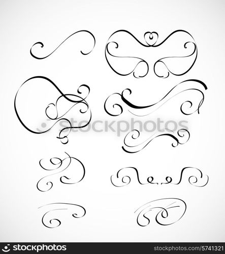 Vector set of calligraphic design elements, headline decorations, floral ornaments in grungy style