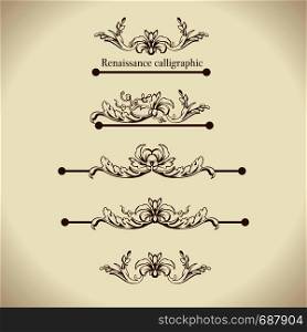 Vector set of calligraphic design elements, page decor, dividers and ornate headpieces. Vector set of calligraphic design elements, page decor, dividers