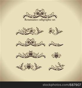 Vector set of calligraphic design elements, page decor, dividers and ornate headpieces