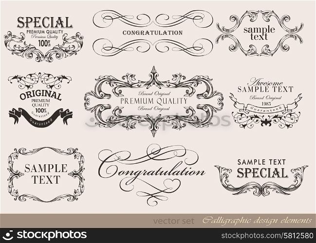 Vector set of calligraphic design elements/ page decoration, guarantee Label, calligraphic frames