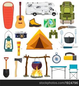 Vector set of camping elements. Summer background with camping equipment. Travel and vacation items. Vector illustration in flat design. Vector set of camping elements.