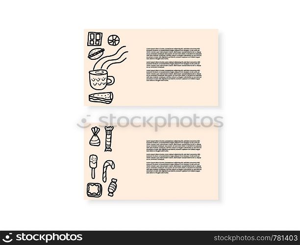 Vector set of cards with desserts. Sweets cakes, donuts, candy and others snacks in doodle style isolated on white background.