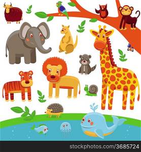 Vector set of cartoon animals - funny and cute characters - tiger, lion, giraffe, elephant, raccoon