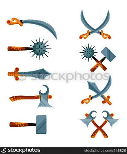Vector set of cartoon game design crossed swords, axes weapon isolated on white background illustration. Vector set of cartoon game design crossed swords, axes weapon