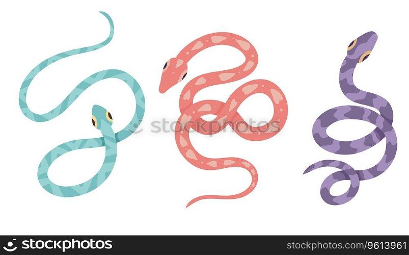 Vector set of cartoon snakes isolated from white background. Clipart collection of serpents in various poses in pastel colors with decorations for stickers, cards and icons