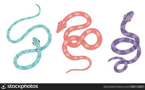 Vector set of cartoon snakes isolated from white background. Clipart collection of serpents in various poses in pastel colors with decorations for stickers, cards and icons