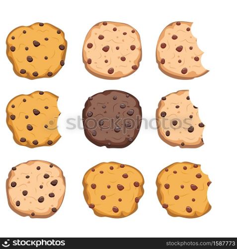 vector set of chocolate chip cookies isolated on white background. homemade bitten biscuit choc cookie