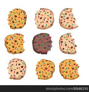 vector set of chocolate chip cookies with sprinkles isolated on white background. homemade bitten biscuit choc cookie collection