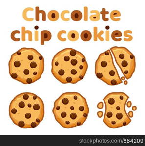 vector set of chocolate chip whole, broken and bitten cookies isolated on white background. symbols of homemade biscuit choc cookie with a bite and crumbs. top view of flat cookie clipart collection