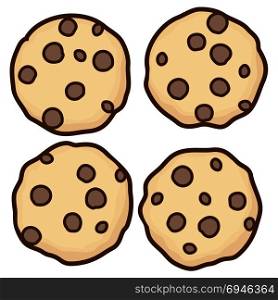 vector set of chocolate chip whole cookies isolated on white background. homemade biscuit choc cookie symbol collection. top view of flat cookie clipart