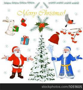 Vector Set of Christmas characters Santa Claus and his little helpers, winter tree and floral decorations. Set of Christmas characters Santa Claus and his little helpers, winter tree and floral decorations. Vector illustration