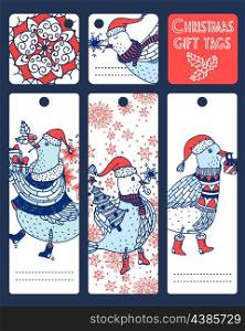 vector set of Christmas gift tags with hand drawn funny birds