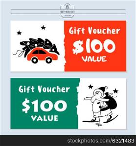 Vector set of Christmas gift vouchers. Funny Santa Claus on skis. Cartoon car carries the tree.