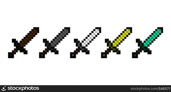 Vector set of classic pixel swords. Cartoon steel blades for fun computer and console games or illustrations