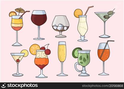 Vector set of cocktails in glasses served at bar. Classic alcoholic beverages isolated on white background. Restaurant of club menu. Alcohol and soft drinks concept. Flat illustration, cartoon. . Set of alcoholic cocktails in glasses