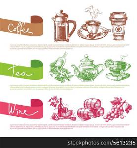 Vector set of coffee, tea and wine sketch illustrations. Menu design templates